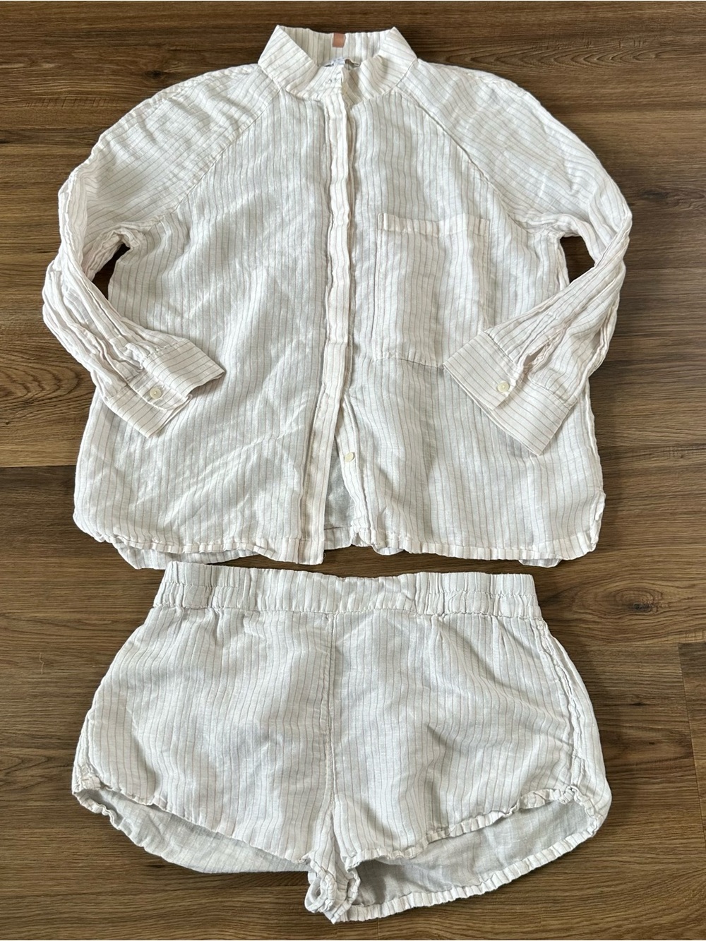 Lunya Resort Linen Cotton Silk Pajama Matching Set Sleepwear White Striped XL